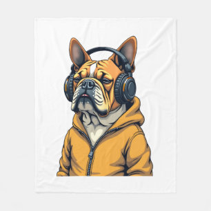 Vintage Bulldog in Koptelefoon met Hoodie Muziek Fleece Deken