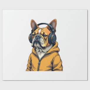 Vintage Bulldog met koptelefoon die hoodie draagt Cadeaupapier