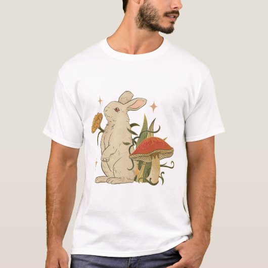 Vintage Bunny & Mushroom Artwork T-Shirt (Devant)