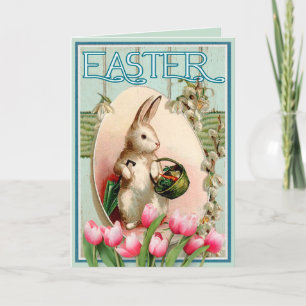 Vintage Bunny Tulip Floral en paaseieren Feestdagen Kaart