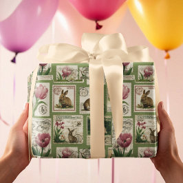 Vintage Bunny & Tulip Stamps Easter Wrapping Paper Cadeaupapier