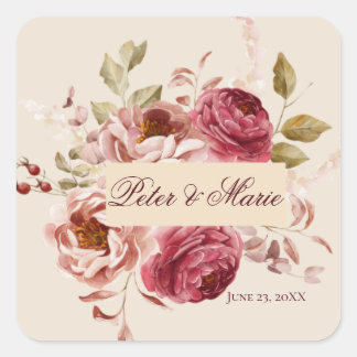 Vintage Burgundy Floral Beige Wedding Envelope Sea Vierkante Sticker