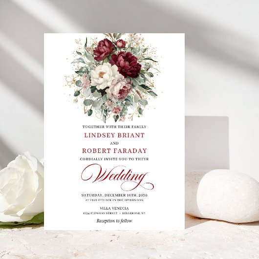 Vintage Burgundy White Floral Wedding Invitation