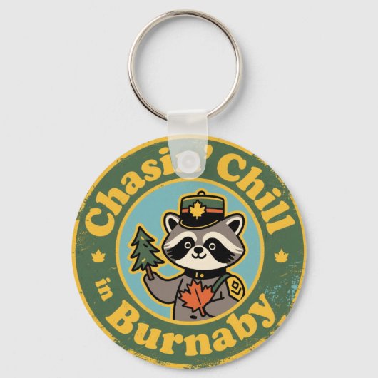 Vintage Burnaby BC Raccoon Chill Sleutelhanger (Voorkant)