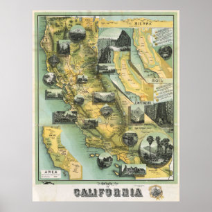Vintage California kaartposter 1888 Poster