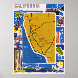Vintage California kaartposter 1950 Poster