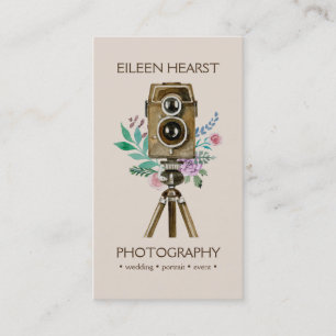 Vintage Camera & Bloemen Watercolor Fotografie Visitekaartje