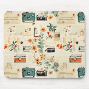 Vintage Cameradio Bloemmotief Teal Oranje Collage Muismat