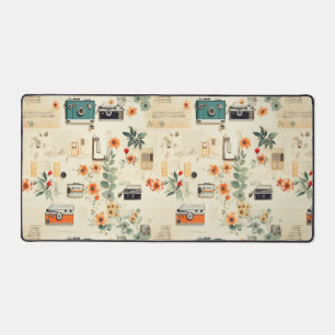Vintage Cameraradio Bloemmotief Teal Oranje Collag Bureaumat