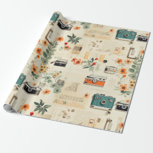 Vintage Cameraradio Bloemmotief Teal Oranje Collag Cadeaupapier