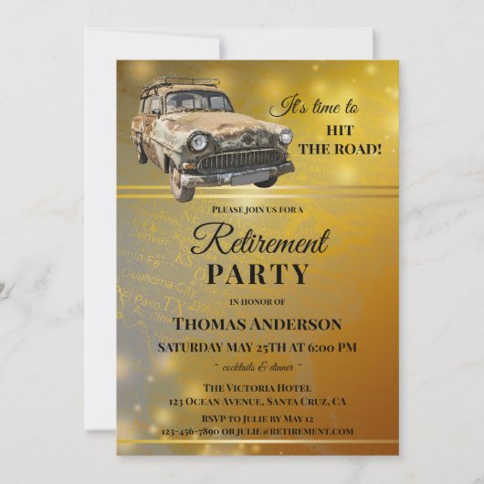 Vintage Car Gold Map Retraite Party Invitation (Devant)