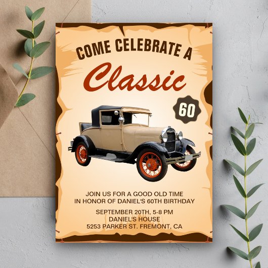 Vintage Car Jalon Anniversaire Fête Invitation