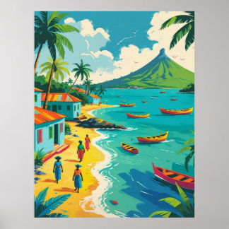 Vintage Caribbean island life scene colourful Poster