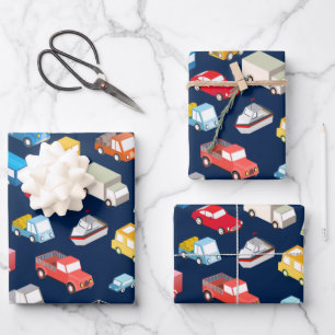 Vintage Cars en Trucks Dark Blue Inpakpapier Vel