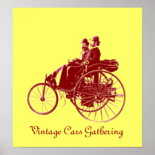 Vintage Cars Gathering, geel bruin Poster