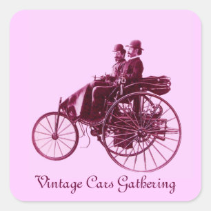 Vintage Cars Gathering, paars violet wit roze Vierkante Sticker
