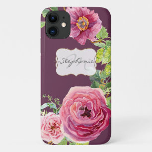 Vintage Cassis Roze Pioen Roos Bloemenaquarel iPhone 11 Hoesje