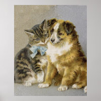 Vintage cat and dog intimate friendship