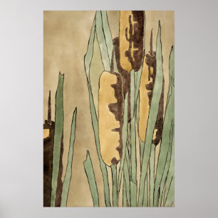 Vintage Cattail Botanische Print Aardetinten