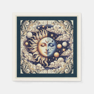 Vintage Celestial Half Sun & Moon Blauw Geel Servet