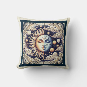 Vintage Celestial Halve Zon & Maan Blauw Geel Kussen