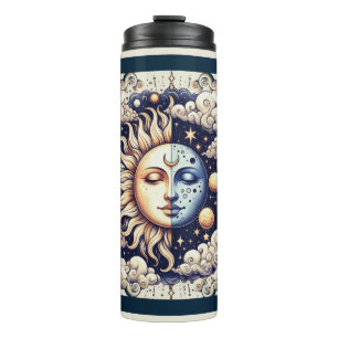 Vintage Celestial Halve Zon & Maan Blauw Geel Thermosbeker