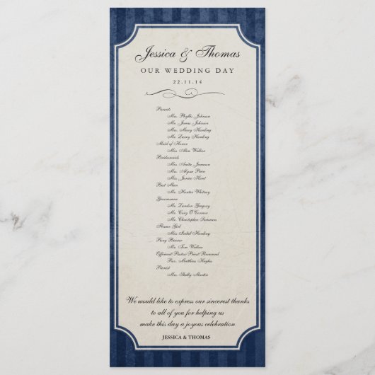 Vintage Charm Marine Blue Wedding Programme (Dos)