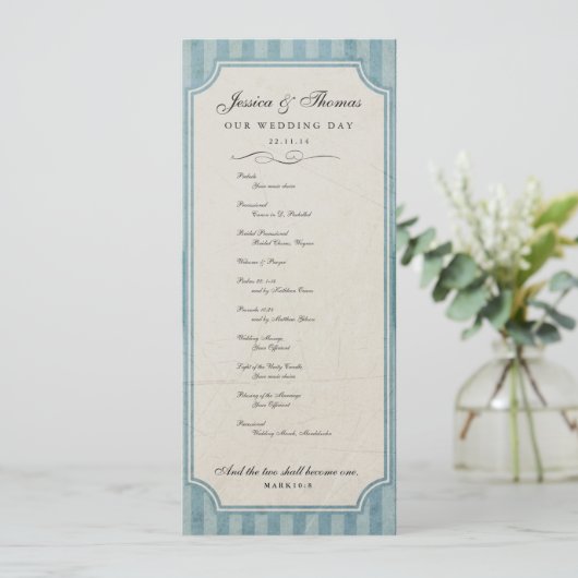 Vintage Charme Custom Blue Wedding Programme (Debout devant)