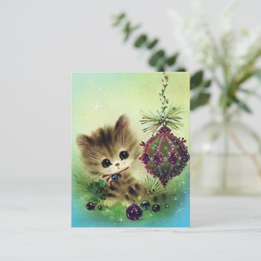 Vintage chat rétro Noël carte postale (Debout devant)