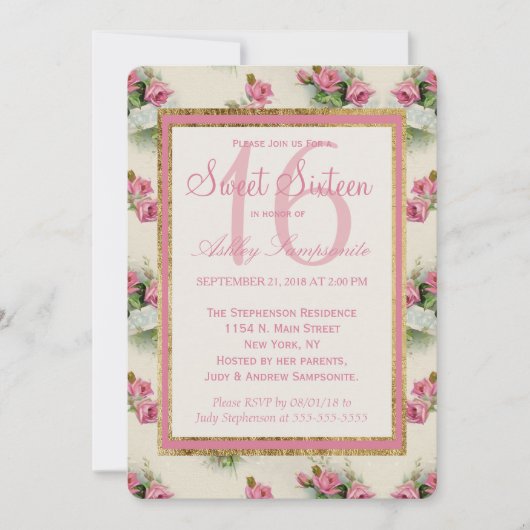 Vintage Chic Rose Floral Sweet 16 Invitations (Devant)