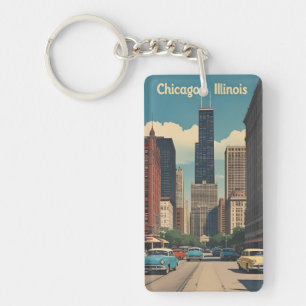 Vintage Chicago Illinois Stadssilhouet Retro Reize Sleutelhanger