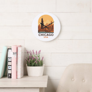 Vintage Chicago USA Reis Retro Stadssilhouet Grote Klok