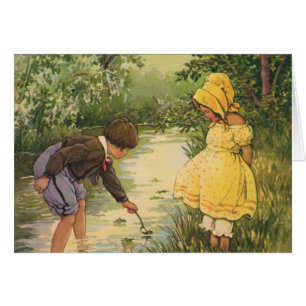 Vintage Children, Boy and Girl Playing by Creek