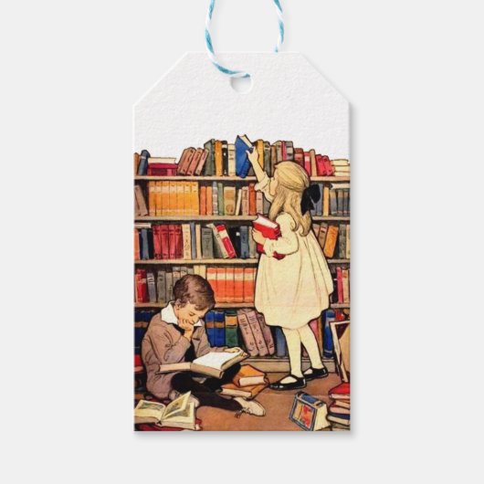 Vintage Children Reading Library Books Cadeaulabel (Voorkant)