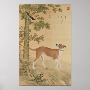 Vintage Chinese Greyhound Hond & Vogel Kunst Poster
