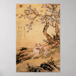 Vintage Chinese Greyhound onder perzikbloesems Poster