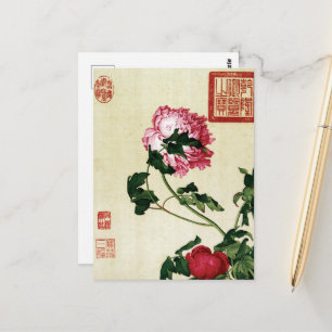 Vintage Chinese Roze Pioen Bloem Kunst Briefkaart