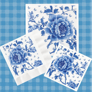Vintage Chinoiserie Blauwe Witte Vlinderrozen  Servet