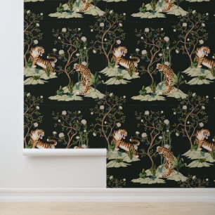 Vintage Chinoiserie Tijger, Pioenrozen, Bomen Zwar Behang