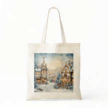 Vintage Christmas City Scene Canvas tas
