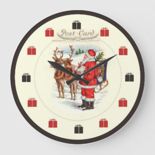 Vintage Christmas Clock - Santa Feeding Reindeer I Grote Klok