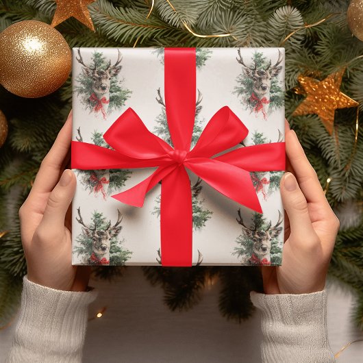 Vintage Christmas Deer & Red Bow | Papier cadeau