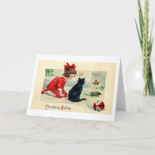 Vintage Christmas Girl en Black Cat Wenskaart Feestdagen Kaart