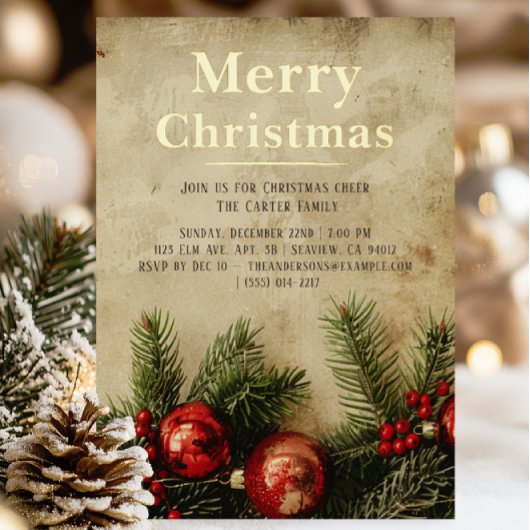 Vintage Christmas Gold Foil Invitation Card