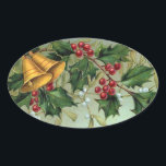 Vintage Christmas Holly Berries - Sticker<br><div class="desc">Une belle illustration vintage avec une branche sainte remplie de baies rouges et brillantes et deux cloches dorées qui pendent de celle-ci.</div>