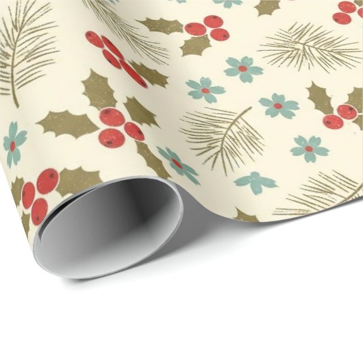 Vintage Christmas Holly & Pine Pattern Cadeaupapier (Rol Hoek)