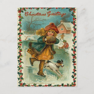 Vintage Christmas Ice Skating Postcard Feestdagenkaart