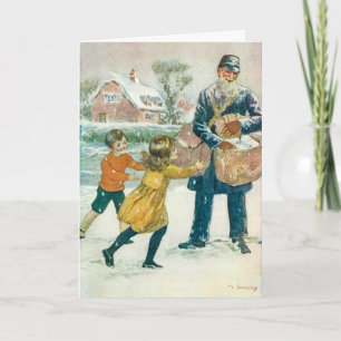 Vintage Christmas Kaart, Postman & kinder, Aanpass Feestdagen Kaart