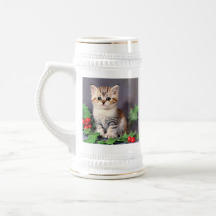 Vintage Christmas Kitten en Holly Bierpul