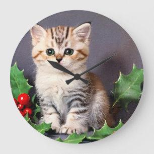 Vintage Christmas Kitten en Holly Grote Klok